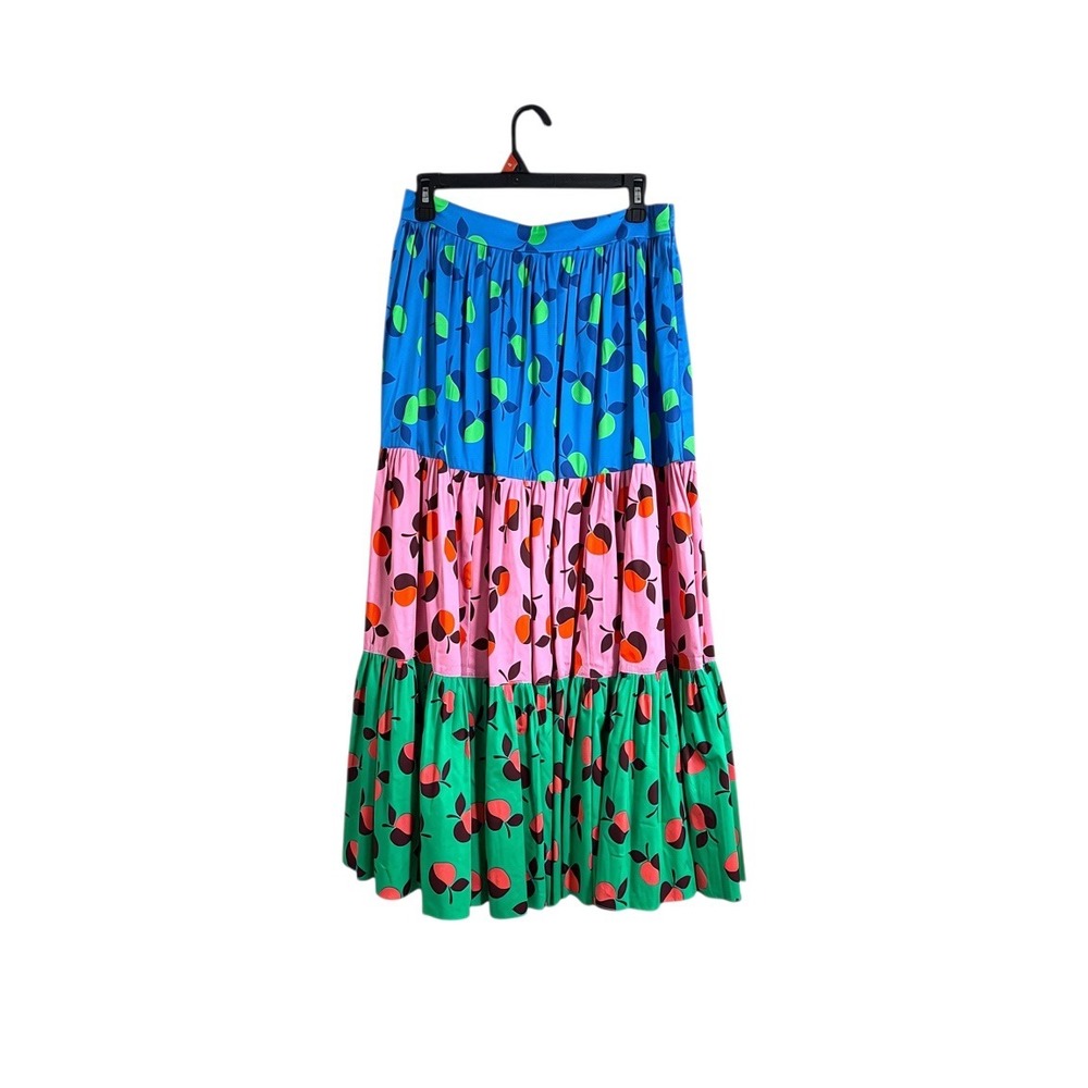 Kate Spade Apple Print Colorblock Tiered Maxi Skirt Blue Pink Green NJMUB353 6
